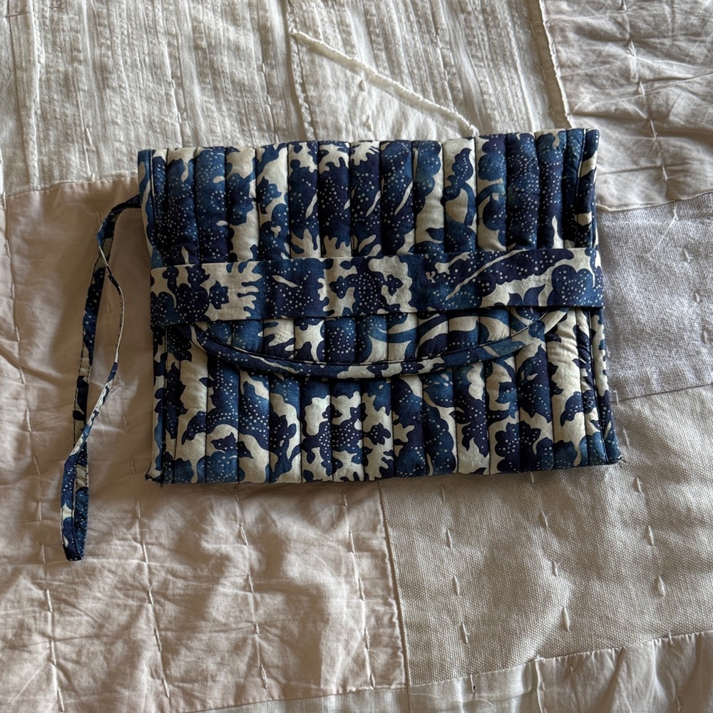 Ulla Johnson Quilted Blue Floral Wristlet Clutch Pouch 9”x7”
